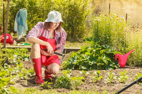 Electric van at a garden site, eco-friendly gardening service